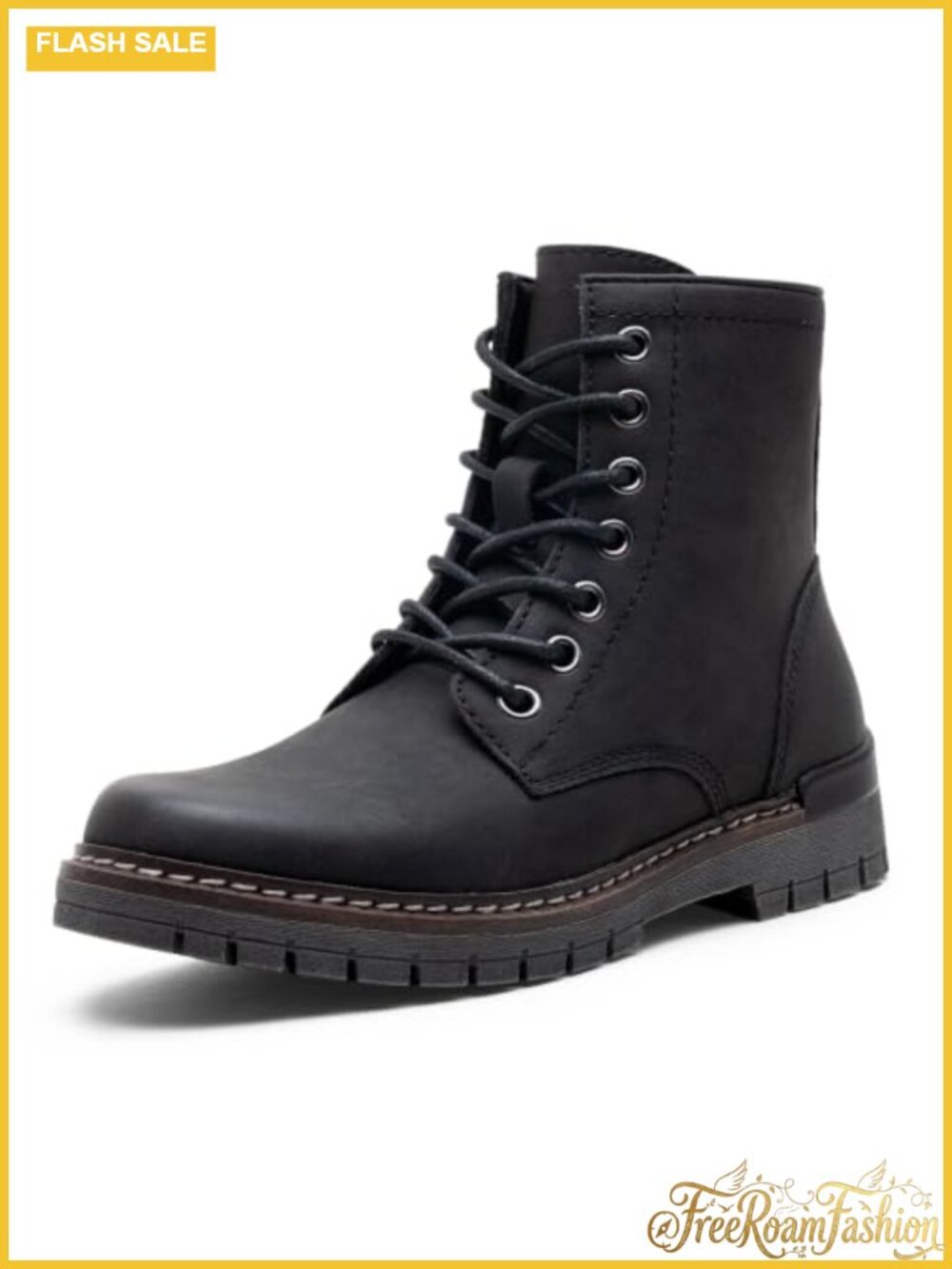 Womens Faux Leather Combat Ankle Boots Lace-Up Side Zip Lug Sole